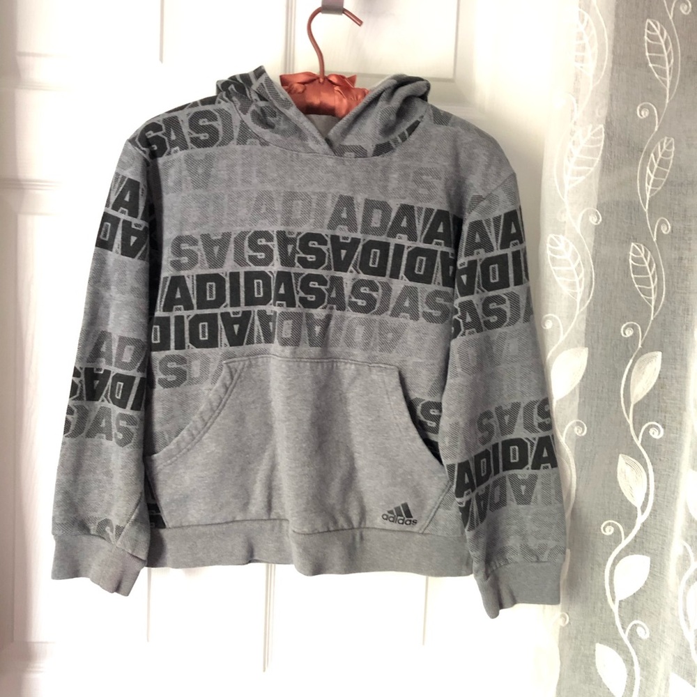 Adidas Boys sz L 14/16 Pullover Hoodie All Over Spellout Logo Gray cotton blend
